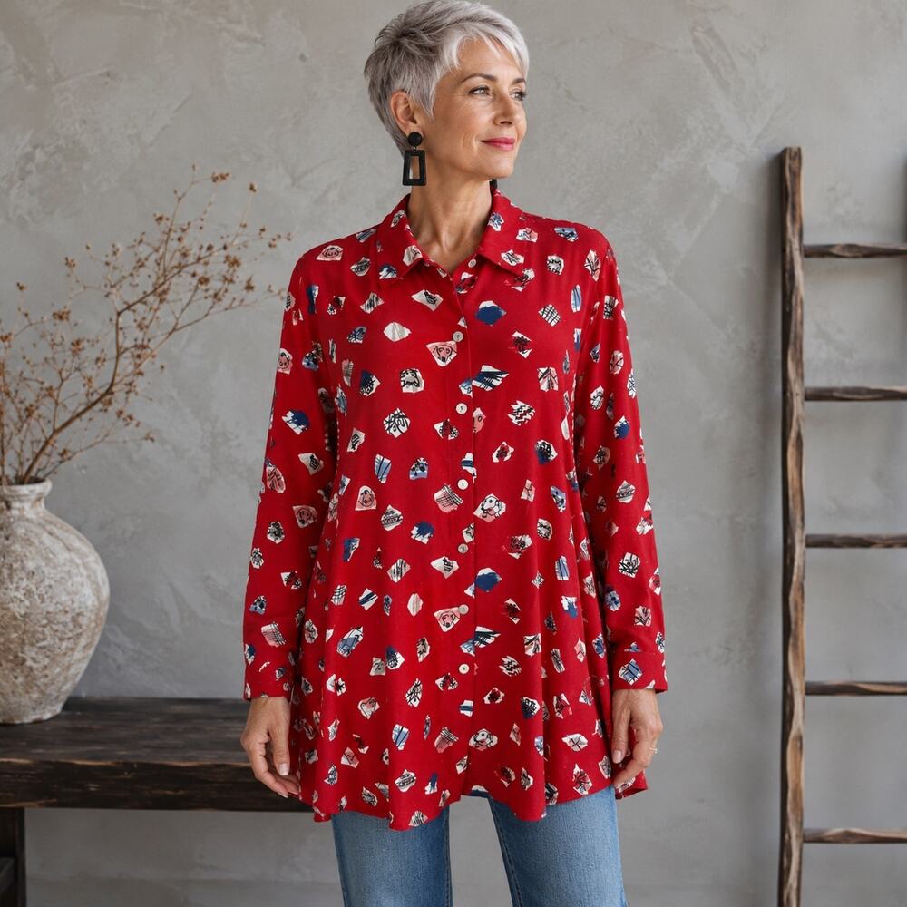 John mark red silk dog print Long Sleeve Blouse  top large